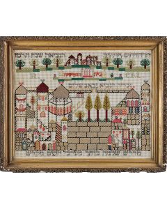 Embroidered needlepoint. Featuring the Holy Places of Jerusalem captioned in Hebrew.