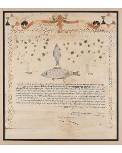Marriage Contract. Manuscript in Hebrew in distinctive cursive Hebrew script in black ink on paper, uniting the bridegroom Shalom the son of Pinchos with the bride Tziporah the daughter of Yissachar.
