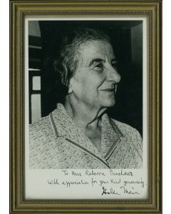 (Fourth Prime Minister of the State of Israel, 1898-1978.) Black-and-white photograph, inscribed and signed to Rebecca Prashker, “with appreciation for your kind generosity.”