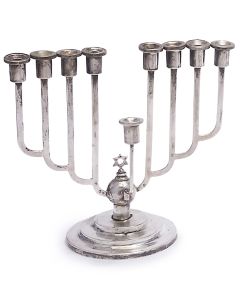 Art Deco styling featuring elongated yet bold, geometric shaped arms. Star-of-David knop. Eight oil cups with removable covers and wick apertures. Detachable servant light. Marked. 7.25 x 8 inches.