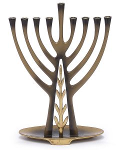 Eight branches and servant light sprout from central olive branch. Marked in Hebrew and English: “Pal-Bell Co. Israel.” 11 x 8 inches wide.