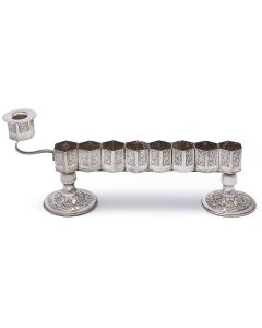 Eclectic styling featuring eight engraved connecting hexagonal oil cups supported by two rounded feet. Detachable servant light. 3.5 x 11.5 inches.
