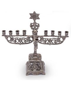 Eight candleholders resting atop two wing-like, floriated branches emanating from central shaft with Star-of-David finial, the whole decorated with masques and scrollwork, set on squared support. Coordinating detachable servant light. 5 x 4.5 inches.