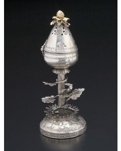 Pierced flower bulb hinged container, with foliate patterning, continuing into a silver-gilt naturalistic finial. Flowering stalk with birds. Set on round, hammered base with floral trim. Marked. Height: 7 inches.
