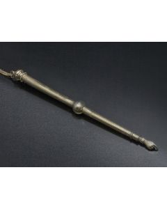 Thin engraved shaft with center ball knop. Ornamented with engravings and bright-cut geometric designs; terminating in hand with extended pointed finger. With original chain. Marked. Length: 12 inches.
