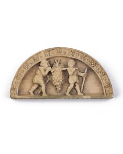 Expertly carved in high relief, iconic depiction of the Biblical spies shouldering the oversized grapes returning from the Land of Israel. 1 x 2 inches.