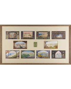 Eretz Yisrael, 10 Temunot [”Palestine - 10 Views.”] Ten colored plates from Raban’s portfolio. Artfully matted and framed together.
