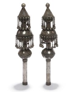 Two spherical tiers applied with filigree, separated by shaft elements, topped by conical finial with orb top. Tubular staves; two tiers of pendant bells on chains. Height: 11.25 inches.