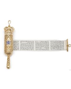 Charmingly petite decorative filigree style with central blue enamel Star-of-David with Hebrew word: ‘Zion.’ Filigree coronet finial and spindle. Scroll: Printed in Aschkenazic script. Height: 3.25 inches.