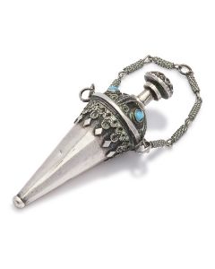 Petite conical urn with twist-off dabber; applied filigree and turquoise cabochon stones. Decorative chatelaine finger chain suspended above. Height: 2.25 inches.