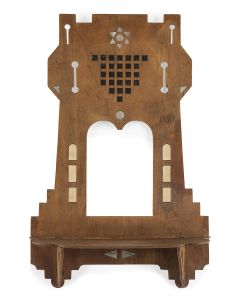 Torah ark-shape with central Decalogue silhouette; inset with mother-of-pearl. Hinged shelf at base. 16 x 10.25 x 3.5 inches.