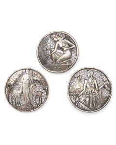 Suite of three delightful pins, each with images of Jewish heroines: Ruth, Judith and Shulamith along with respective Hebrew captions. Diam: 1.75 inches.