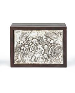 Repousse plaque on hinged lid depicts scene of Exodus from Egypt with Jewish People. Beveled inner compartment. Marked: “HW925.” 5 x 6.75 x 2 inches.