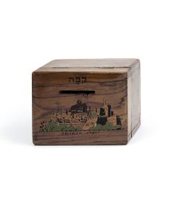 Rectangular box bearing painted depiction of Jerusalem skyline including Mosque. Hinged lid with coin slot. 2.5 x 4.5 x 3.5 inches.
