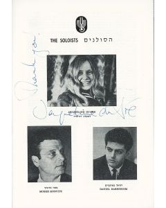 Israel Philharmonic Orchestra Concert Program. Inscribed and signed by du Pré on the front cover alongside her portrait photograph, as well as by the conductor Sergiu Commissiona on reverse. Also featuring portrait of Daniel Barenboim.