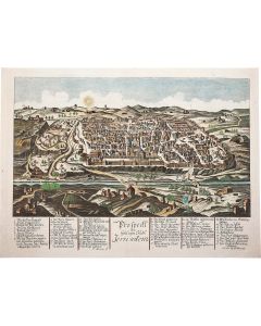 “Prospekt der heutigen Stadt Jerusalem.” Double-page hand-colored copperplate view of Jerusalem.