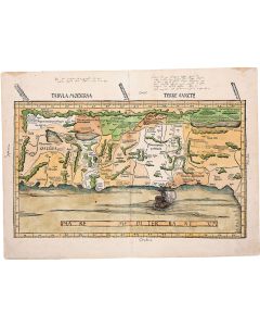 Tabula Moderna Terre Sancte. Double-page hand-colored woodcut map, prepared by Martin Waldseemueller.