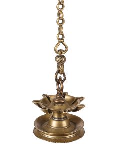 Star-form oil container with seven oil channels set on wide, circular, footed drip bowl. The whole suspended from a heavy-linked hanging chain and eye hook. Length: 24 inches (fully extended).