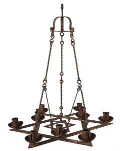 Three-tiered lamp featuring large Star-of-David structure supporting nine candle holders, suspended from three twisted rods linked to upper chassis with hook. Below, a smaller Star-of-David hangs from three smaller twisted rods. Diameter: 22 inches.