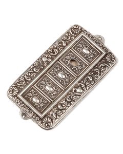 Small rectangular case featuring shell, scroll and floral motifs with five panel element in center and small window for parchment. Marked: “BPDC.” Length: 3.75 inches.