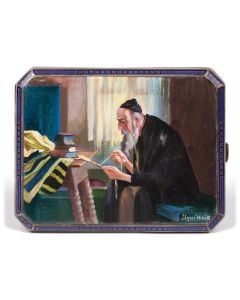 Charming rectangular, hinged case featuring painted image of an older, bearded rabbi applying tzitzith to a prayer-shawl. Signed lower right corner: ‘Ugosi Wien III.’ Marked. 4 x 3.25 inches.