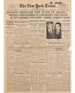 The New York Times. “Zionists Proclaim New State of Israel: Truman Recognizes it and Hopes for Peace; Egypt Orders Invasion, other Armies Near.”