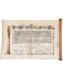 Illuminated Calligraphic Scroll produced on vellum by Zaehnsdorf. Presented to The Right Hon. Sir Herbert Samuel by The English Zionist Federation.