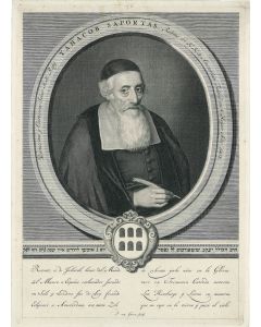 Half length portrait of the Sephardic rabbi holding a pen in right hand, set in oval. Six doors on a medallion of (canting arms) below. Engraved by P(ieter) van Gunst.