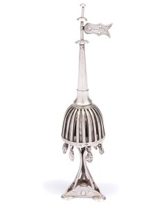 Striated and pierced domed spice chamber with detachable conical steepled lid topped with pennant finial. Six pendant fruit forms; the whole set on three elegant legs each on small rounded base (one repaired). Marked. Height: 10 inches.