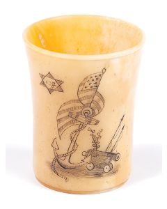 Engraved (whale?) bone with nautical image featuring the American flag, anchor, canon and Star-of-David with initial letters within. Height: 2.25 inches.