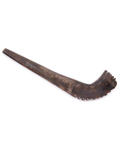 Of traditional form, with Hebrew decorative engraving of the Rosh Hashana verse “Sound the Shofar on the New Moon, at the Appointed Time for the Day of our Festival” (Psalms 81:4). Length: 15.25 inches.