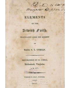 Salomon I. (Jacob) Cohen. Elements of the Jewish Faith.