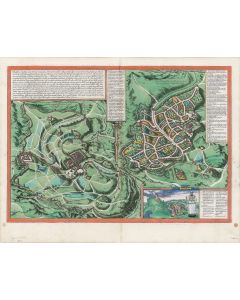 Hierosolyma, Clarissima totius Orientis ciuitas, Iudaee Metropolis. Double-page, hand-colored copperplate plans (two plans on one sheet).