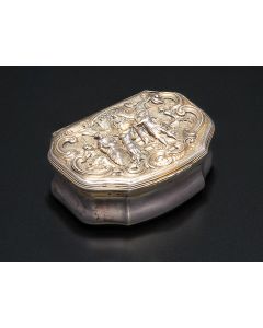Rococo style, round-cornered rectangular box, the whole fashioned in a rhythmic fluidity of line. Hinged lid with high-relief scene of the Judgment of Solomon (Kings I, 3:16-28). Marked. 1.25 x 3 x 2.5 inches.