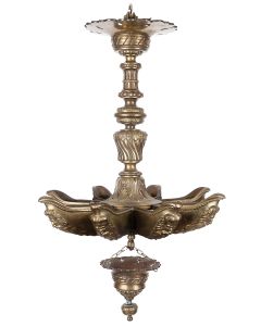Sizable “Judenstern” comprised of baluster shaft from which hangs an eight-channel oil lamp, with matching drip bowl (detached). Zeus-like figures appear along base of oil channels a reference to his association with light. Height (approx): 30 inches.