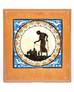 Painted and glazed colorful tile featuring image in silhouette of water drawer. Signed: “Bezalel Jerusalem, Keramika.” 6 x 6 inches. Set in wooden frame.