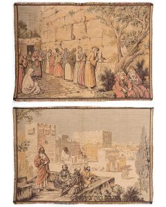 Charming multi-colored wall hangings: Prayer at the Western Wall. <<*>> The Tower of David in Jerusalem (with Hebrew caption below). One stamped on rear: “Made in France.” Each: 17.5 x 12.5 inches.