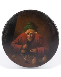 Lacquered lidded keepsake box featuring Jewish money-lender adorned in green turban and pince-nez, with coins arrayed before him. Diameter: 4 inches.