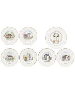 Full set of seven hand-colored commemorative plates issued by the Sisterhood of the Spanish and Portuguese Synagogue, New York, in honor of the congregation’s tercentenary, 1654-1954. Designed by Esther Oppenheim. Diameter: 10.25 inches (one larger).