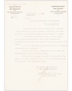 Adam Czerniaków. Typed Letter Signed, written to the Orthodox Jewish Community Council of Budapest, in German, on letterhead of the Warsaw Judenrats, concerning the shipment of Matzah from Budapest to the Jews of Warsaw.
