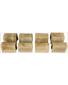 Group of eight volumes, each with early Hebrew manuscript leaf utilized as binding.