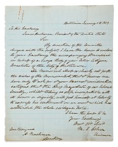 Cohen, Mendes I. (1796-1879). Autograph Letter written to US President James Buchanan, in English.