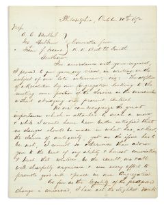 Jacobs, George (1834-84). Autograph Letter Signed written to the Committee of Congregation Beth El Emeth, in English with some Hebrew.