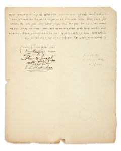 Leeser, Isaac. Autograph Manuscript Signed. Certificate of Conversion. Written in Hebrew, signed by Leeser in Hebrew and English, along with three other signatures (see below).