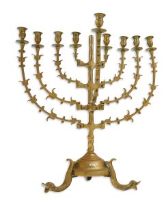 Standing lamp of weighty proportions. Central shaft with tendril-adorned removable branches held in place by clasped anthropomorphic hands. Set on three dolphin feet. Height: 19 inches.