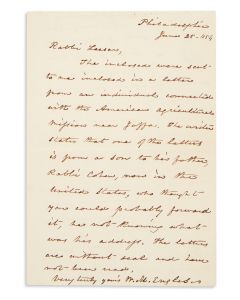 Engles, William Morrison (Philadelphia minister and editor of The Presbyterian. 1797-1867). Autograph Letter Signed, written to <<Isaac Leeser>>, in English.