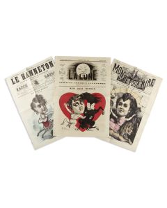 Group of three French newspapers, each with front-page full color caricature depiction of the American-Jewish actress Adah Isaacs Menken.