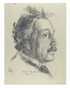 Profile portrait of Einstein by <<Lou Albert-Lasard>>. Lithograph, with artist’s initials, title and date noted in the plate.