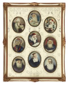 Collection of eighteen vignette portraits, set within two ornate matching frames. Each portrait hand-painted in oil on panel.