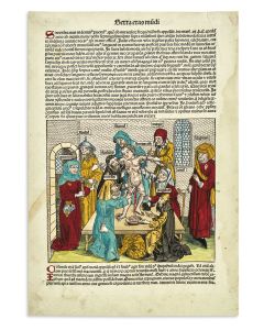 The Martyrdom of Simon of Trent. Hand-colored woodcut by Michael Wohlgemuth and Hanns Pleydenwurff from Hartmann Schedel’s Nuremberg Chronicle.